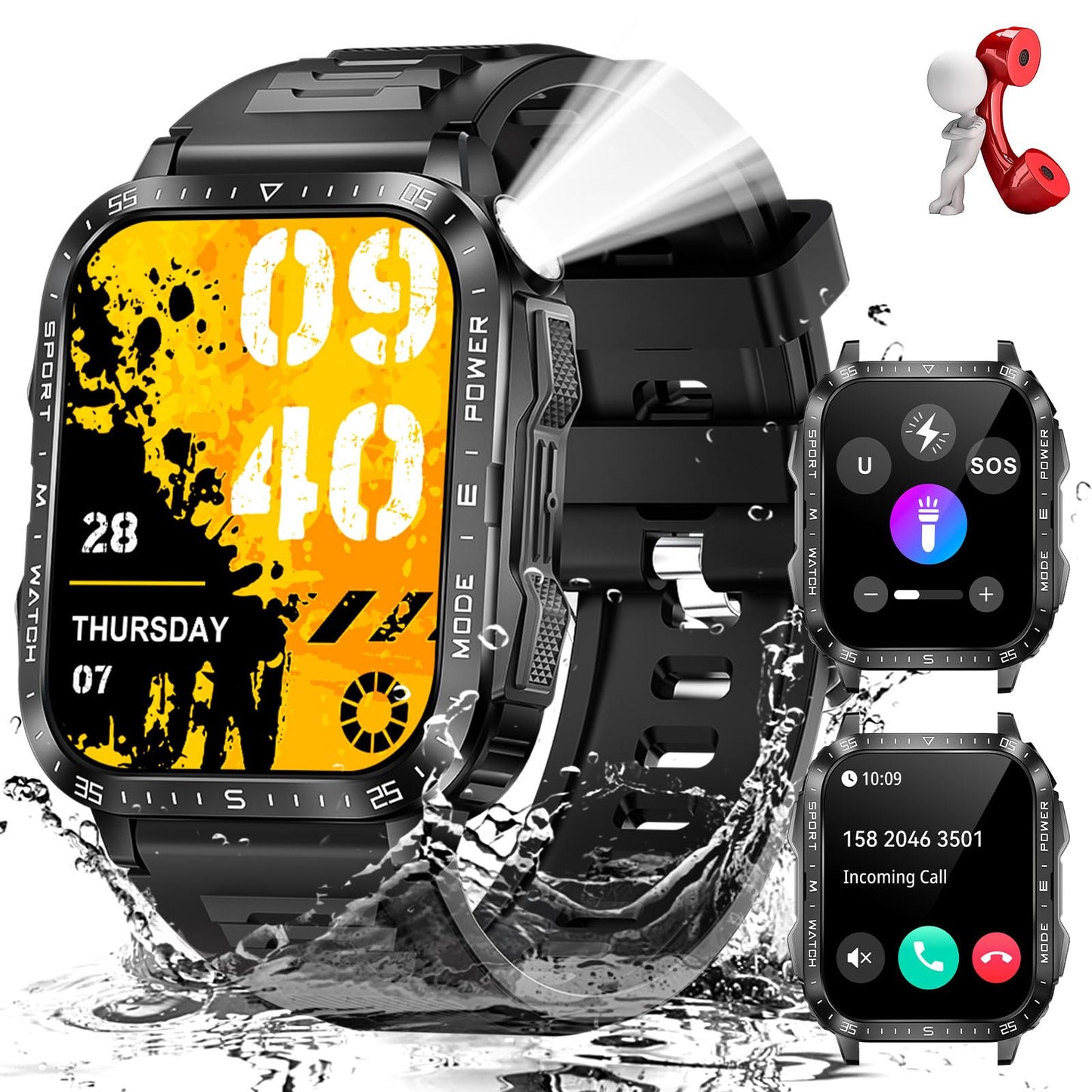 Military Smart Watch for Men with LED Flashlight Watch 2.0 Big Screen Tactical Smartwatch 430mAh Big Battery Fitness Tracker with Heart Rate Sleep Monitor Make Calls for iPhone Android (Black)