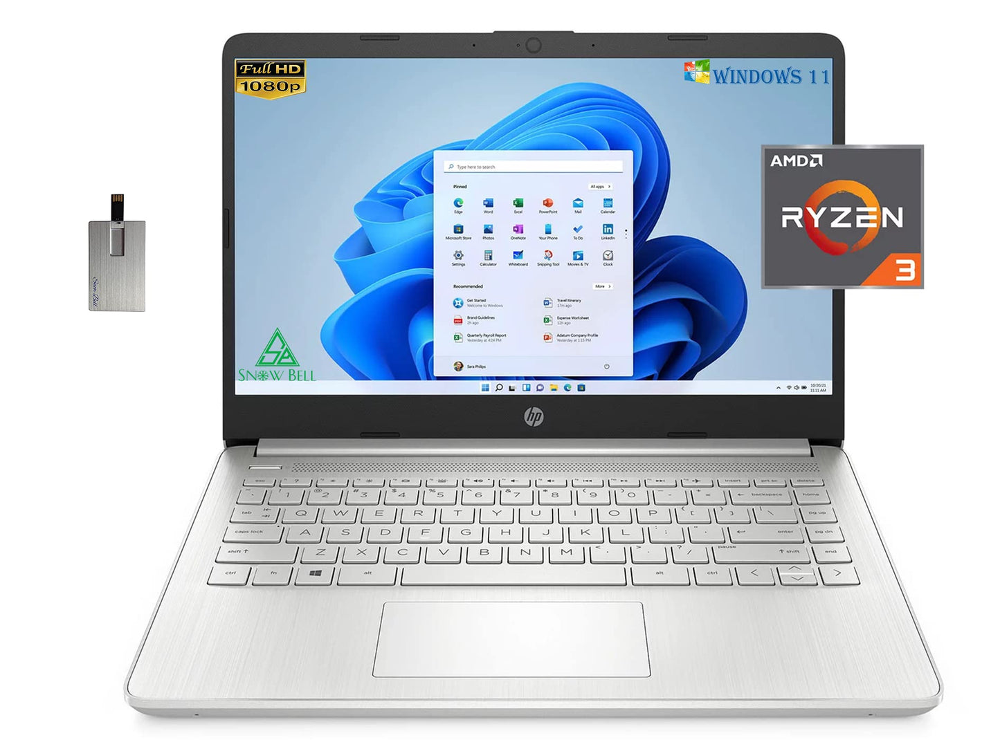 HP 2022 14" FHD IPS Display Laptop AMD Ryzen 3-3250U 16GB RAM 1TB PCIe SSD AMD Radeon Graphics True Vision HD Camera Wi-Fi 5 and Bluetooth Windows 11 S Silver 32GB Snow Bell USB Card
