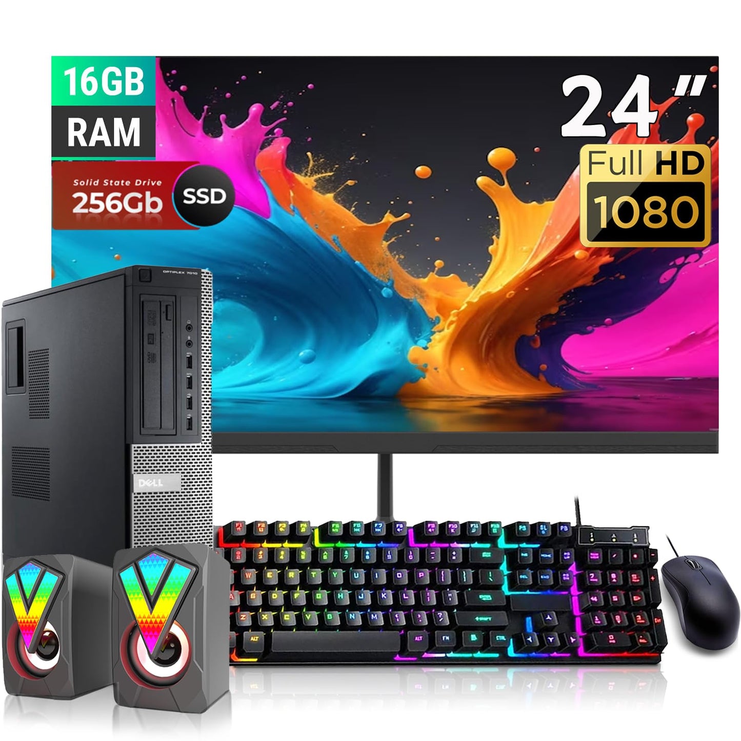 Dell Optiplex 7010 DT PC Desktop Computer with 24" FHD(1920x1080) Monitor RGB Speaker Core i5-3570 3.4GHz 16GB DDR4 256GB SSD Keyboard&Mouse Win10 Pro(Renewed)
