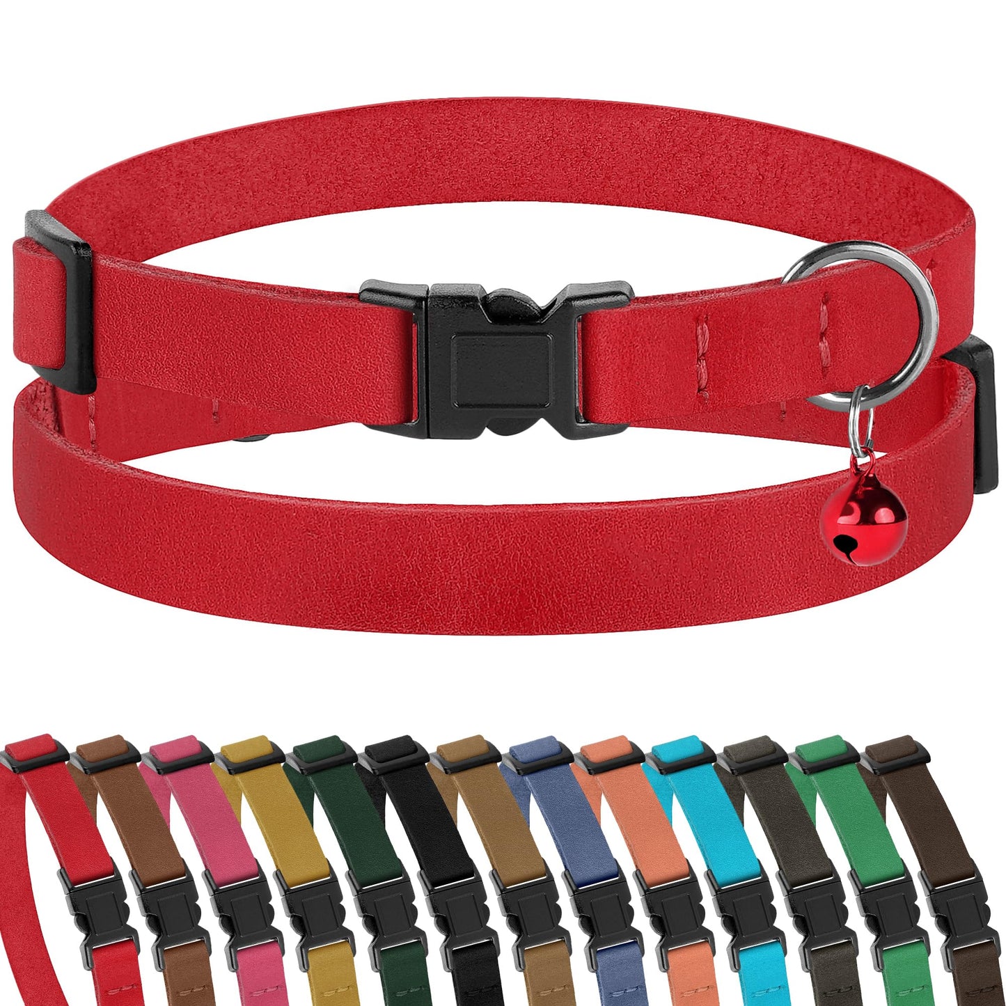 Muromto Breakaway Cat Collar Leather Soft Adjustable Pet Kitten Collars with Bell Pink Brown Blue Green Red (Red)