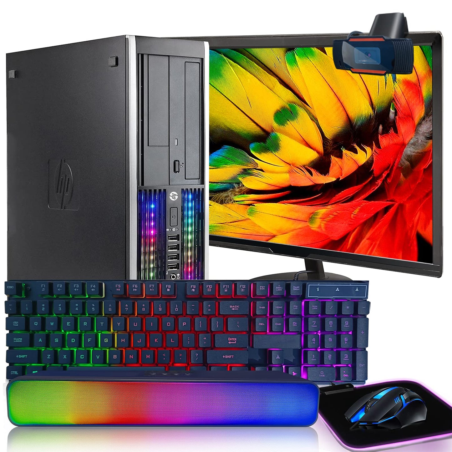 HP RGB Lights Gaming Desktop Combo I7 up to 3.8GHz16G128G SSD+3TGeForce GT 730 2G GDDR5New 24" 1080P LEDWiFiBT 5.0RGB BT SoundBarRGB Keyboard&Mouse&Mouse PadWebcamW10P64(Renewed)