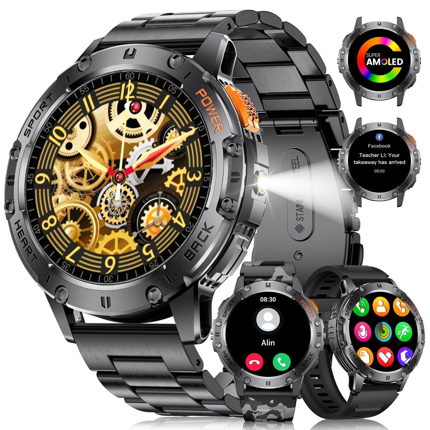 LIGE Military Smart Watches for Men(Answer/Make Call) - 3 Straps1.43" HD AMOLED Upgraded Outdor 530mAh Sports Smartwatch with Flashlight/Heart Rate/Sleep Monitor/IP68 Fitness Tracker for Android iOS