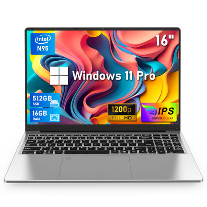 NIAKUN 16 Inch Laptop Computer Gaming Laptop 16GB RAM 512GB SSD N95 Processor FHD 1920 * 1200 180 Angle Open Backlit Keyboard Windows 11 Pro Fingerprint Unlock WiFi 5 BT 4.2