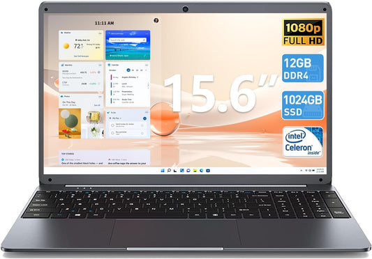 SGIN 15.6" FHD Laptop | Celeron N5095 Quad-Core | 12GB RAM | 1TB SSD | 5G WiFi | USB-C | 7000mAh | Gray