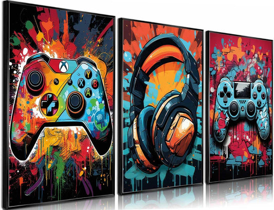 3-Pack Gaming Wall Art Posters | Retro Neon Gamepad Canvas Prints | Boys Room Decor | 12x16in