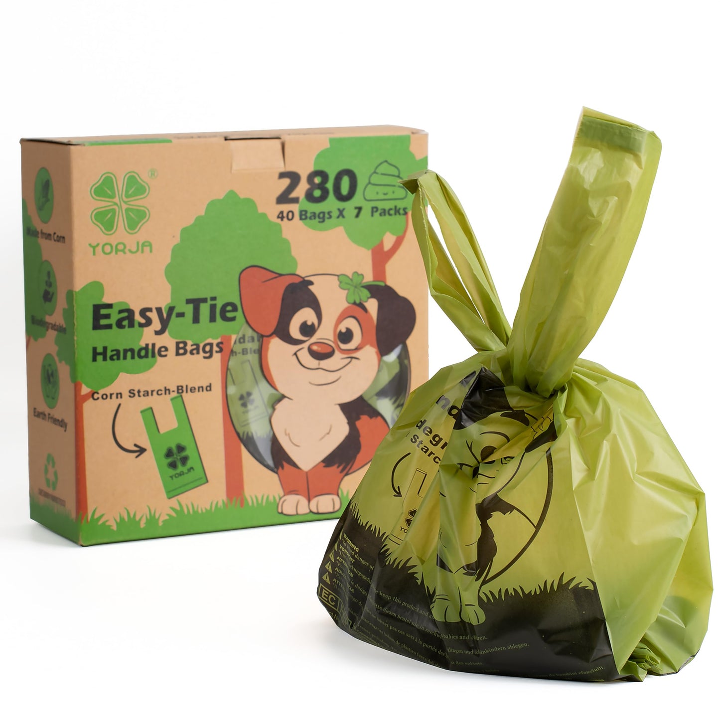 YORJA Tie Handles Dog Poo Bags 280 Pet Poop Bags Thick and Strong 100% Leak-Proof Biodegradable Waste Bags (Green)