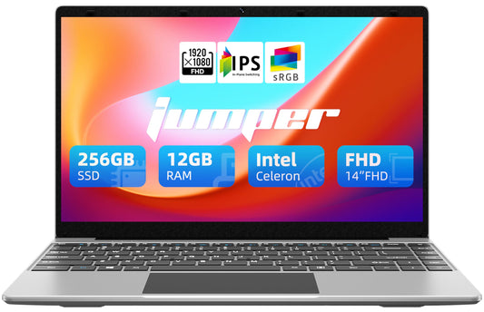 Jumper 14" FHD Laptop | Celeron J4105 | 12GB DDR4 | 256GB SSD | 5G WiFi | BT | USB-C | Win11 | Lightweight 1.24kg