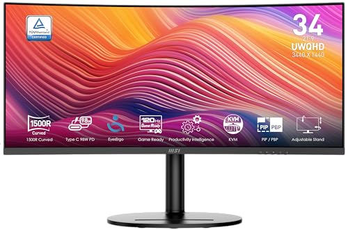 MSI Modern MD342CQP 34 in VA 3440 x 1440(UWQHD) Computer Monitor 120Hz 1800 Curved Adaptive-Sync HDMI DP USBC 98W Power Delivery KVM Height Adjustable VESA Speaker 1ms Black