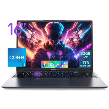 BHWW Light Gaming Laptop Computer for School & Office 16 inch Laptops Core i5 CPU Iris Plus Graphics 32GB RAM & 1TB SSD 100% sRGB 1920x1200p IPS FHD 16:10 Display LAN WiFi Bluetooth