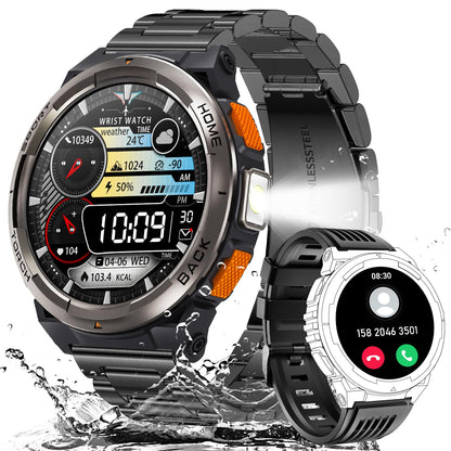 EIGIIS KE5 Military Smart Watch for Men with Flashlight SOS 3ATM Waterproof Watch 530mAh Big Battery 1.45" Rugged Tactical Smartwatch with Compass Elevation Barometer Fitness Watch for iPhone (Black)