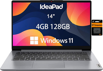 Lenovo Ideapad 1i Laptop (14" HD Anti-glare Intel Celeron N4020 4GB RAM 128GB Storage (64GB eMMC + 64GB SD Card)) School Kids & Education Laptop Webcam Wi-Fi 6 Type-C Win 11 Home in S Grey
