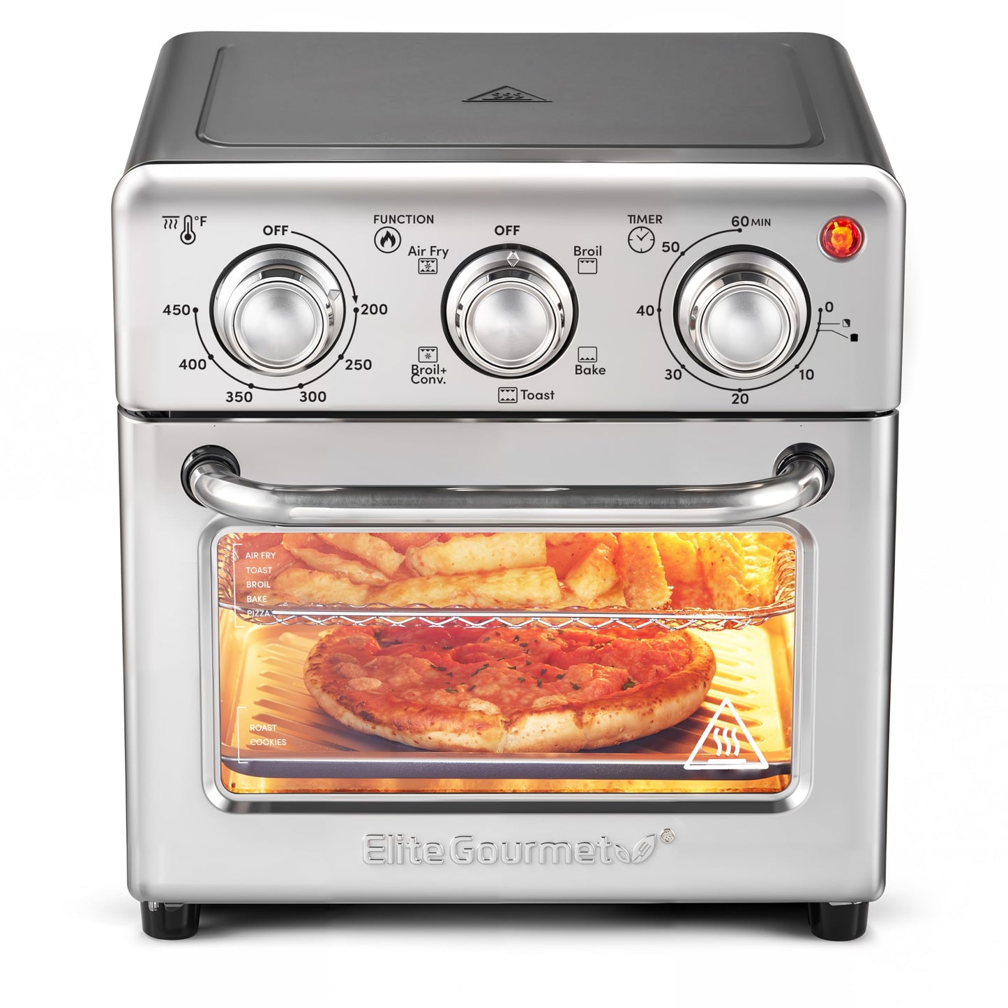 Elite Gourmet EAF0852SS 8.5Qt. Capacity Air Fryer Oven Air Fry Broil Toast Bake & Broil with Convection Time and Temperature Controls 800-Watts Includes 25 Delicious Recipes Stainless Steel