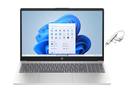 HP 15.6"" FHD Laptop | AMD Ryzen 5 7520U（Beat i7-1255U | Integrated AMD Radeon Graphics | 16GB RAM DDR5 | 256GB SSD | Windows 11 Home | Bundle with USB 3.0 Hub Silver