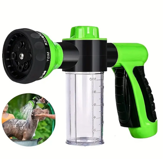 Pet Dog Wash Sprayer | 8-in-1 High-Pressure Shower Head | Built-in Soap Dispenser | Garden Hose Attachment | Includes Grooming Brush & Comb | Outdoor Pet Bathing