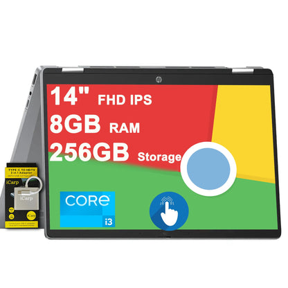 HP Chromebook Plus x360 Business Laptop 14" FHD IPS Touch Intel 8-core i3-N305 (>i5-1135G7) 8GB RAM 256GB SSD Backlit USB-C Long Battery Life w/ICP Accessory
