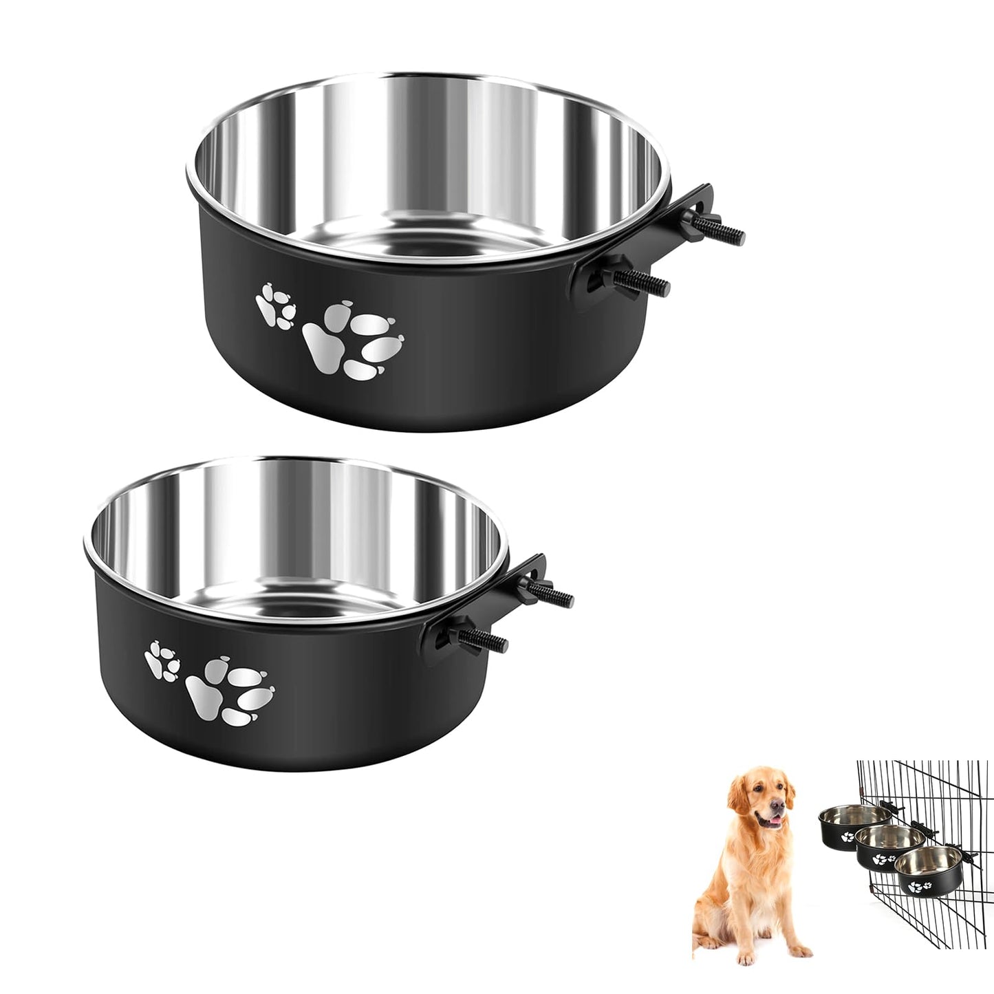 2 Pack Stainless Steel Pet Bowls Anti-Spill Metal Feeder Food and Water Feeding Bowl Hanging Cage Pet Crate Bowl for Puppy Kennel Medium and Large Pets (M (5.5x2.2 & 6.2x2.3))