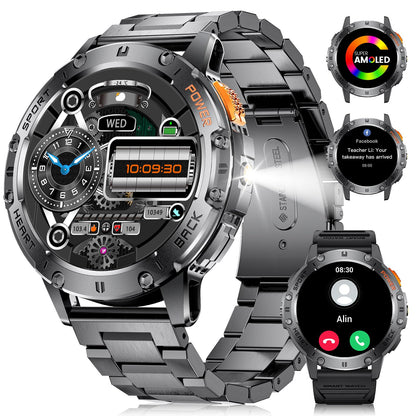 FOXBOX Military Smart Watch for Men with Flashlight (Answer/Make Calls) 1.43" AMOLED Rugged Smartwatch 530mAh Battery IP68 Waterproof Heart Rate SpO2 Sleep Monitor Fitness Tracker for iOS Android