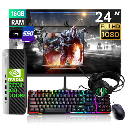 HP Gaming ProDesk 600 G3 SFF Desktop PC Gamers-NVIDIA GT730 2GB 24" FHD Monitor RGB Harphone Core i5-6500 3.2GHz 16GB RAM 1TB SSD Keyboard Mouse Win10 Pro (Renewed)
