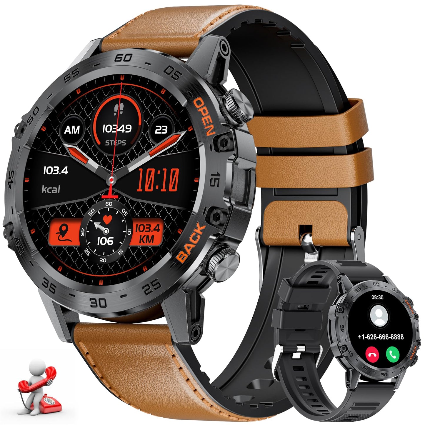 LIGE Smart Watches for Men 1.39" Military Smartwatch with SpO2 Sleep Monitor Step Counter 24/7 Heart Rate Tactical Fitness Watch with 100+ Sports Modes Make/Answer Call Leather Band