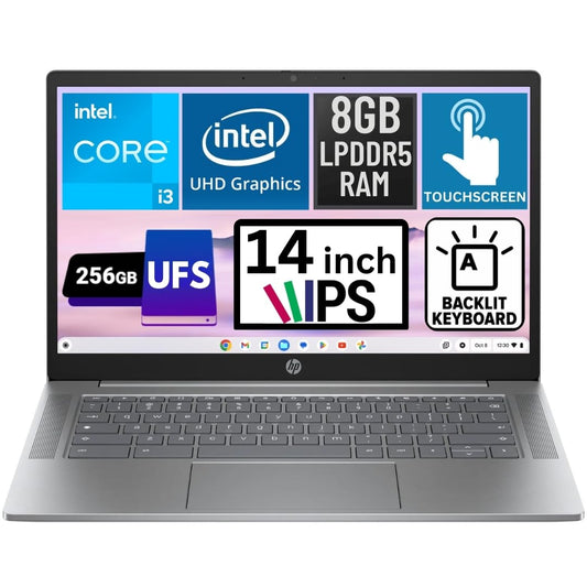 HP Chromebook Plus 14" FHD IPS Touchscreen | Intel Core i3-N305 | 8GB LPDDR5 | 256GB UFS | Backlit KB | WiFi | BT | Chrome OS | Silver | Renewed