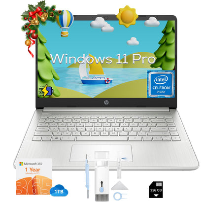 HP 14-inch Essential Portable Laptop - 1-Year AI-Powered Office 365 | 1TB Cloud Storage | Intel Quad-Core | Win 11 Pro with 256G External SD Storage w/Laptop Bundle (16G RAM | 128G eMMC onboard)