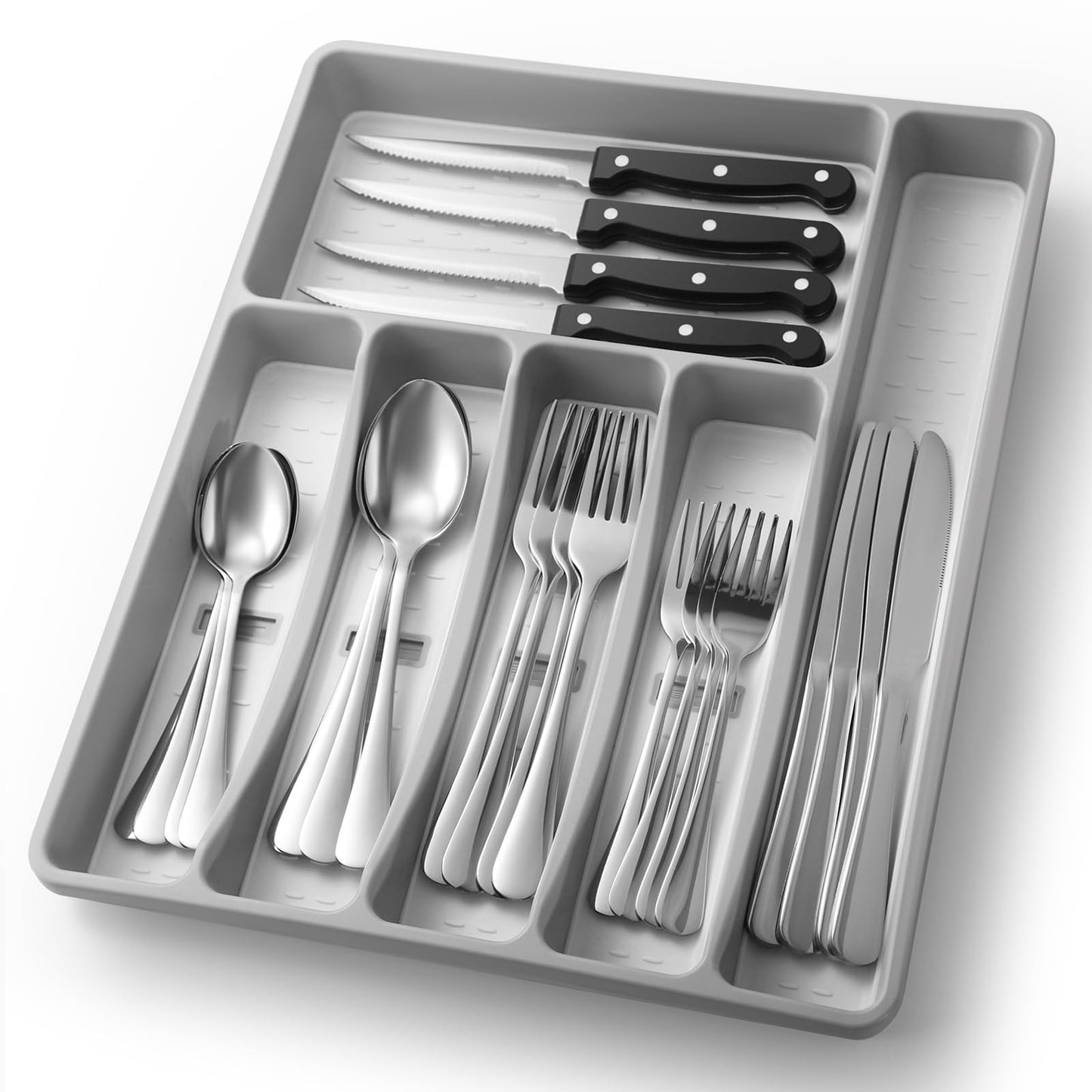 24-Piece Silverware Set with Organizer，Heavy Duty Stainless Steel Flatware Cutlery Tableware Set for 4，Includes 6-Compartment Silverware Tray with Cutlery Icons，Tableware Set with Steak Knives