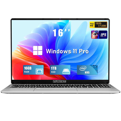 FUNYET 16 Inch Laptop Computer Gaming Laptop 16GB RAM 1TB SSD Intel 12th Gen N95 Processor(up to 3.4GHz) FHD 1920 * 1200 180 Angle Opening Fingerprint Unlock Backlit Keyboard Windows 11 Pro
