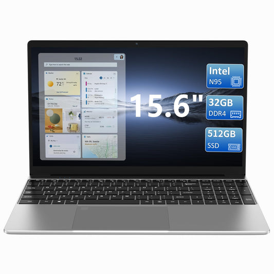 KurieTim 15.6" FHD Laptop | Intel N95 | 32GB DDR4 | 512GB SSD | Backlit KB | Fingerprint | Win 11 Pro