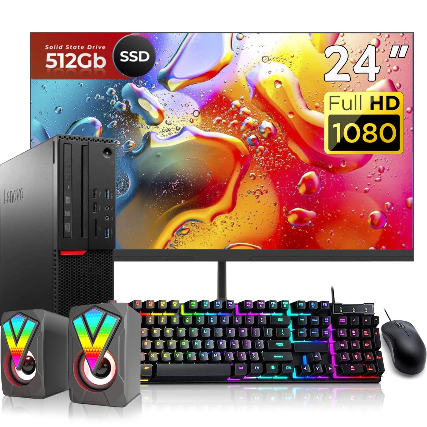 Lenovo ThinkCentre M700 SFF Desktop Computer with 24"FHD(1920x1080) Monitor RGB Speakers Intel 6100 3.7GHz 16GB RAM 512GB SSD RGB Keyboard&Mouse USB 3.0 Win10 Pro (Renewed)