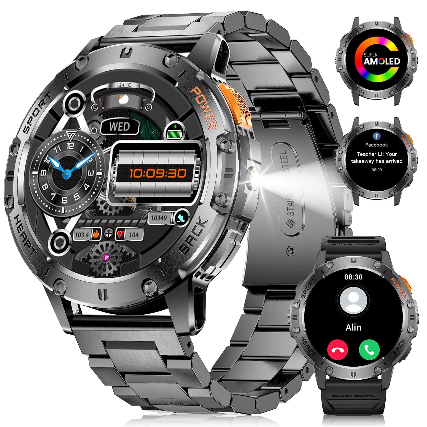 FOXBOX Military Smart Watch for Men with Flashlight (Answer/Make Calls) 1.43" AMOLED Rugged Smartwatch 530mAh Battery IP68 Waterproof Heart Rate SpO2 Sleep Monitor Fitness Tracker for iOS Android