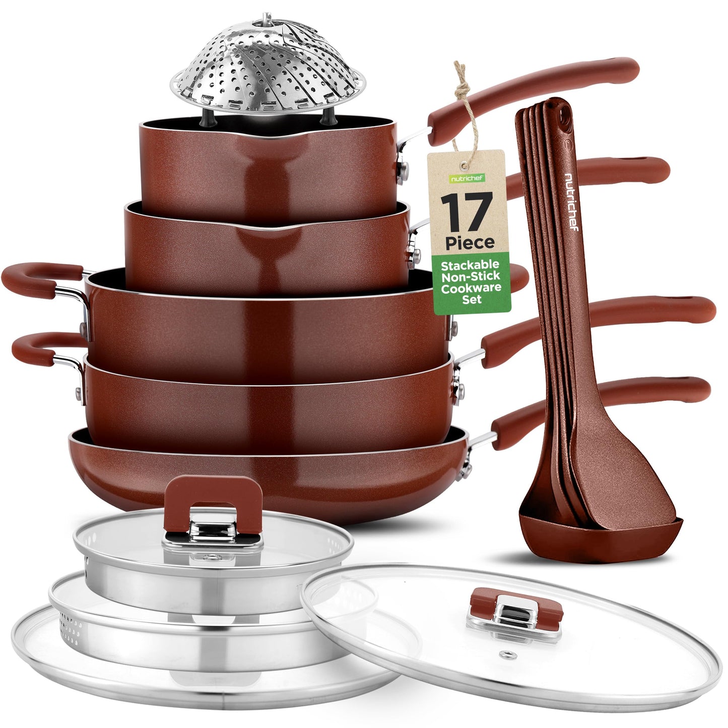 NutriChef 17pcs Brown Stackable Pots and Pans Set Nonstick Induction Cookware Space Saving Cookware Easy Clean Ideal For RV and Camper Includes a Foldable Steamer Basket and Cooking Utensils