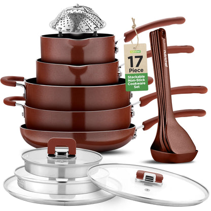 NutriChef 17pcs Brown Stackable Pots and Pans Set Nonstick Induction Cookware Space Saving Cookware Easy Clean Ideal For RV and Camper Includes a Foldable Steamer Basket and Cooking Utensils