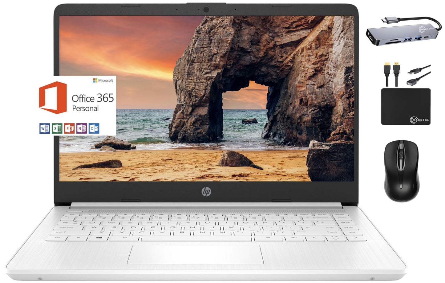 HP Newest 14" HD Portable Laptop Student Business Quad-Core Intel N4120 8GB RAM 192GB (64GB eMMC+128GB Card) Webcam Wi-Fi Long Battery Windows 11S + 1 Year Office 365+MarxsolAccessory White