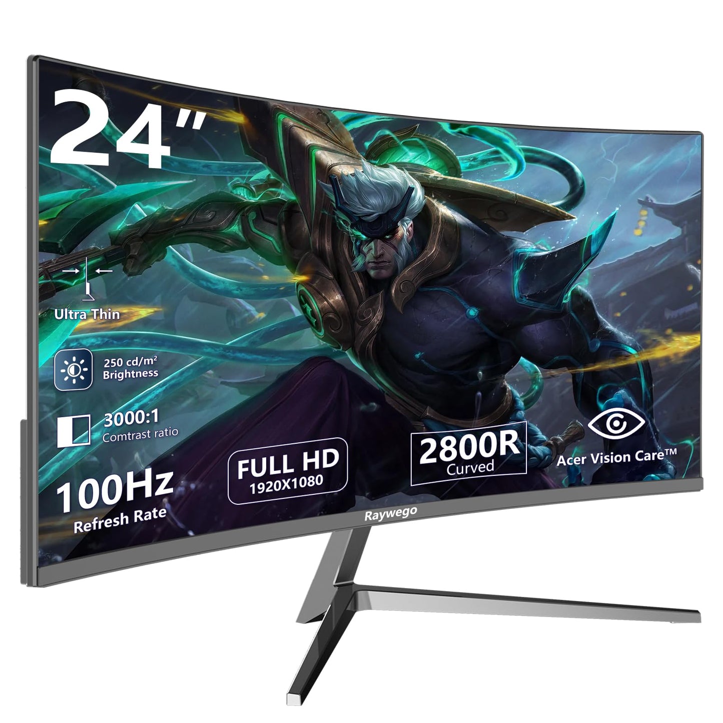 Raywego 24 inch Curved Monitor 100Hz FHD 1920x1080p Refresh Rate 16:9 Aspect Ratio Ergonomic Tilt & VESA Compatible - Home Office Gaming Monitor Sync Visual Experience for Work & Play