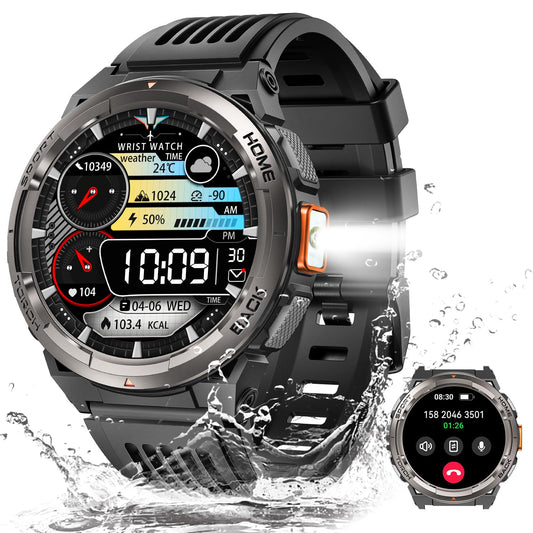Military Smart Watch for Men with Call/LED Flashlight/3ATM Waterproof 1.45" HD Rugged Tactical Smartwatch with Compass Elevation Barometer Fitness Tracker with HR/SPO2/Sleep Monitor for iPhone Android