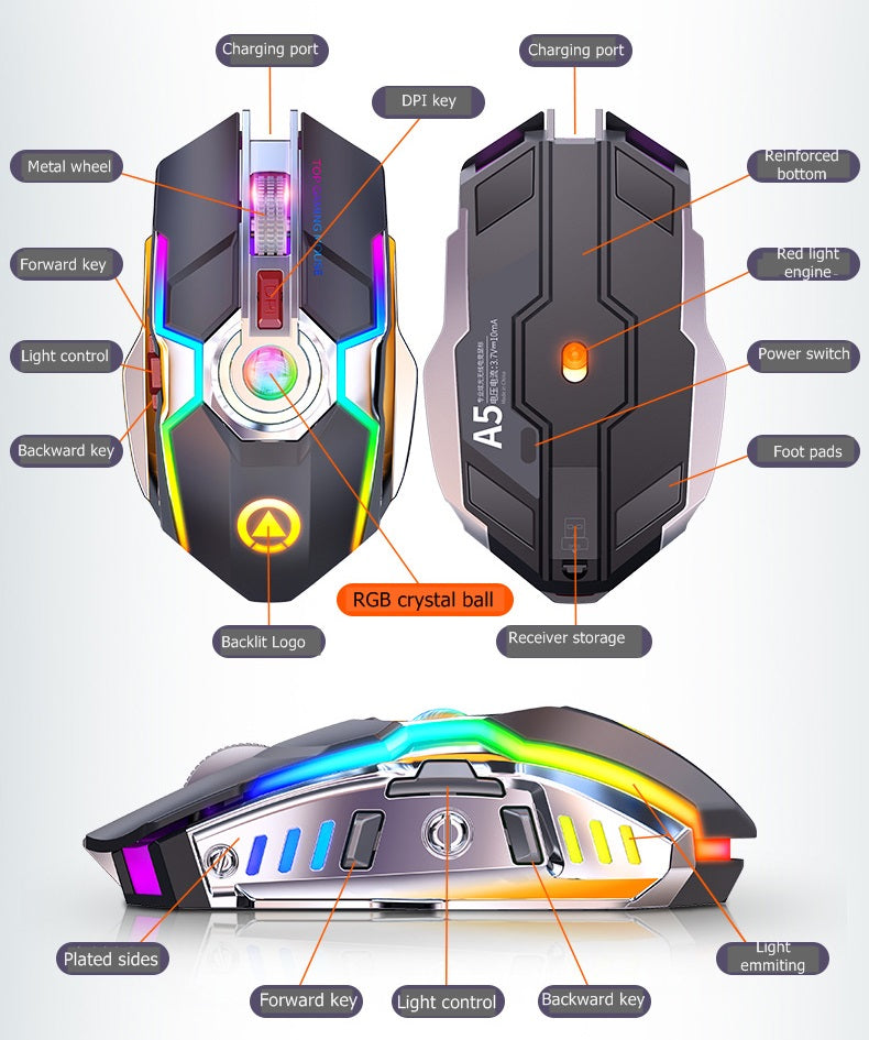 Silver Engraved A5 Rechargeable Wireless Gaming Mouse