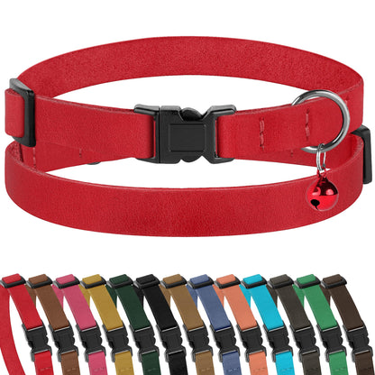 Muromto Breakaway Cat Collar Leather Soft Adjustable Pet Kitten Collars with Bell Pink Brown Blue Green Red (Red)