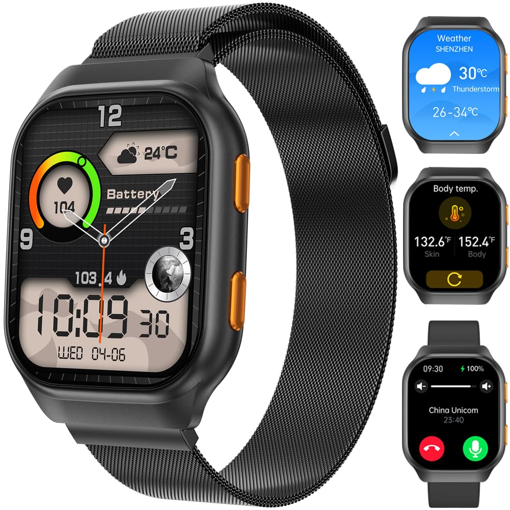 FILIEKEU Smart Watches for MenFitness Tracker Smartwatch for Android Phones/iPhone Compatible1.96" AMOLED Womens Men Watch with Blood Pressure MonitorFemale Cycle(2 Watch Bands) (A-Black)