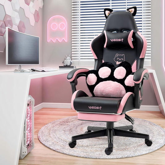 Vigosit Cute Gaming Chair | Cat Ears & Cat Paw Lumbar | Footrest | Reclining 155° | Ergonomic | Girls & Teens