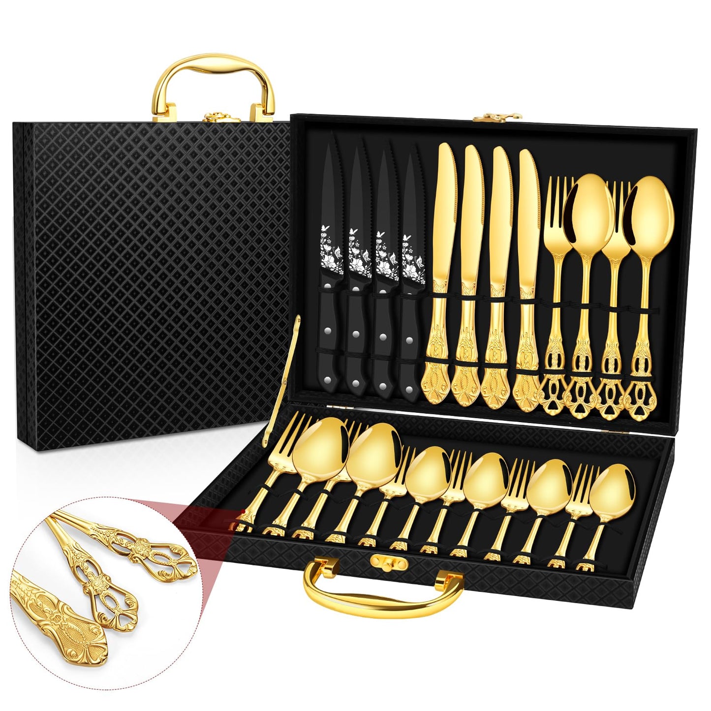 EUIRIO Royal Gold Silverware Set for 4 24 Pieces Stainless Steel Flatware Set Cutlery Set Include Forks Spoons Knives and Silverware Gift Box with Handle for Holiday Present Dishwasher Safe