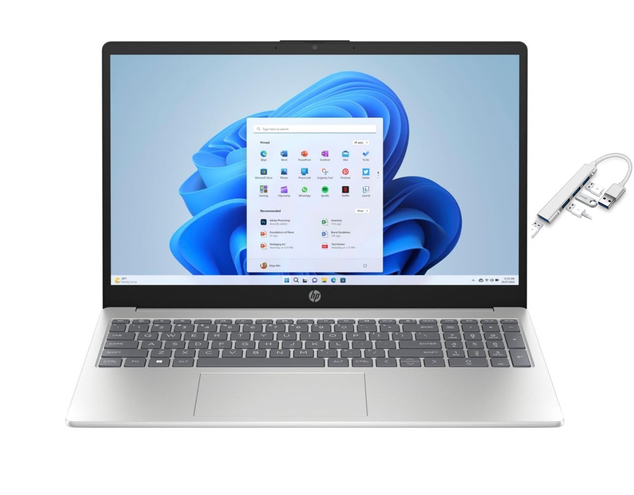 HP 15.6"" FHD Laptop | AMD Ryzen 5 7520U（Beat i7-1255U | Integrated AMD Radeon Graphics | 16GB RAM DDR5 | 256GB SSD | Windows 11 Home | Bundle with USB 3.0 Hub Silver