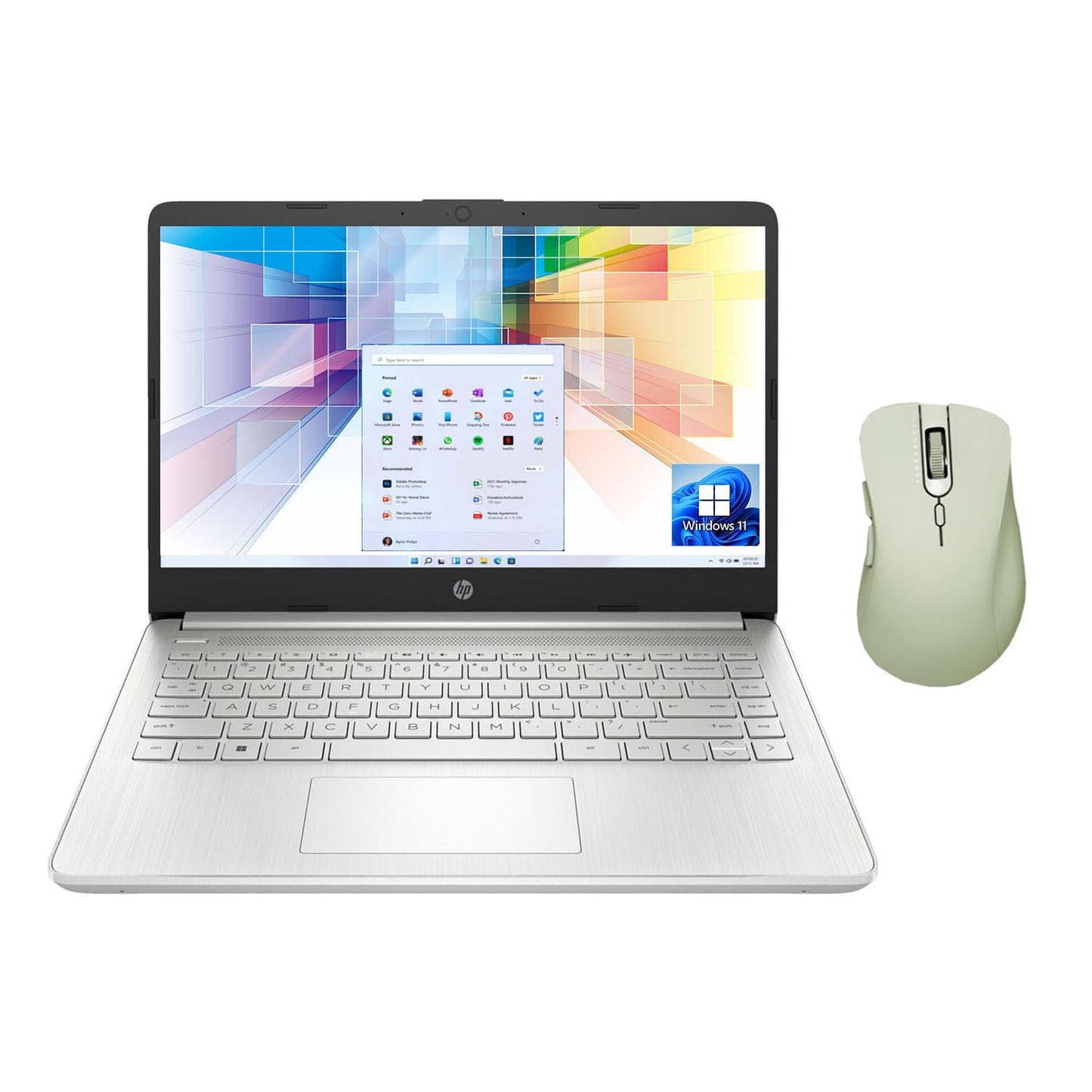 HP Essential Laptop 14" HD Display Intel Processor 8GB RAM 128GB eMMC SD Card Reader 1 Year Microsoft 365 Webcam Wi-Fi Win 11 H Silver Thunderobot ML101 Wireless Mouse Green Bundle
